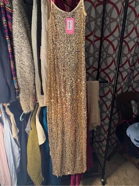 Edikted Gold Sequin Maxi Slip Dress with Thin Straps